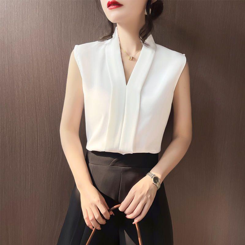 Women'S V Neck Sleeveless Loose Fit Chiffon Tank Top Casual Solid Color Shell