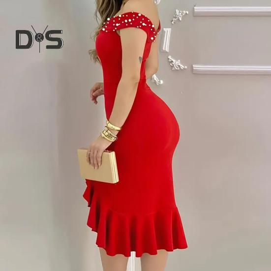 Evening Dress Off Shoulder Sheath Sleeveless Irregular Ruffle Hem Slim Fit Solid Color Faux Pearl Decor Midi Dress for Party Prom Wedding