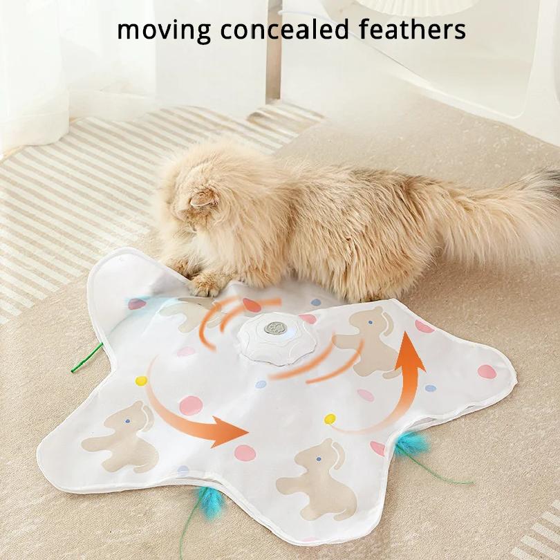 Interactive Hide And Seek Cat Toy Motion Activated Hunting Cat Toy with Bird Sound Silent Mode Moving Feather for Indoor Cats