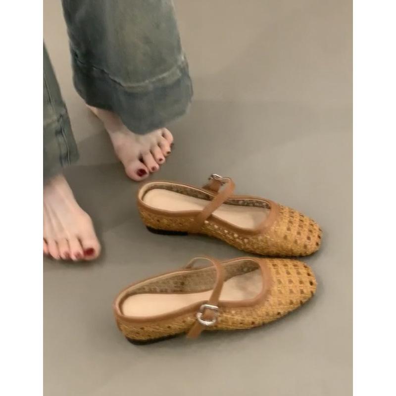 Inner heightening version 2025 retro woven hollowed-out word with thick heel bag head half slippers women's sandals Muller Mary Jane