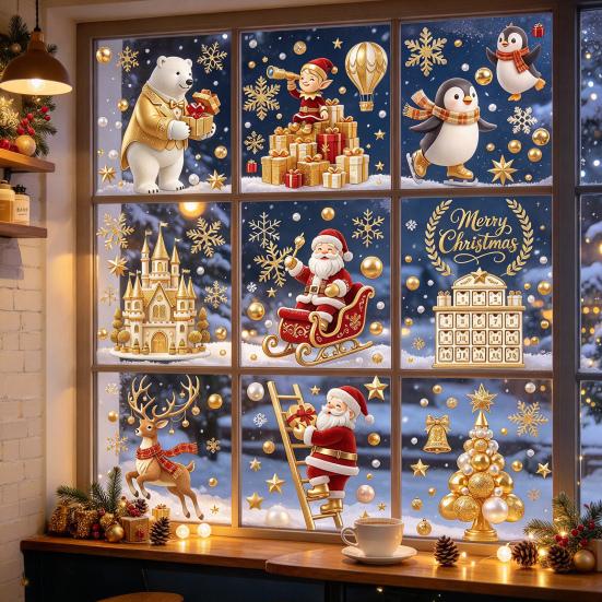 Santa Claus Window Decor 9Pcs Christmas Clings, Golden Static Stickers, Glue Free Decals with Festive Glass Stickers Elk Castle and Tree Patterns for