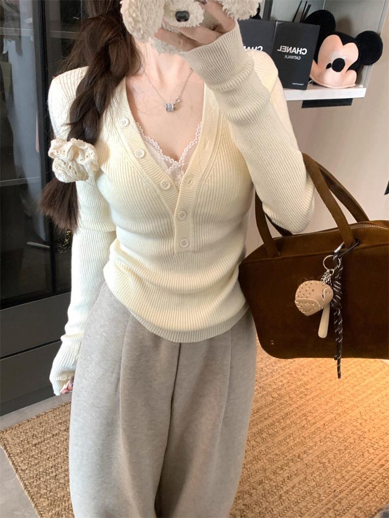 Pure Desire Half Open Collar Button Long Sleeve Knitted Bottoming Shirt Women's Autumn Winter Pure Desire Sweater Inside