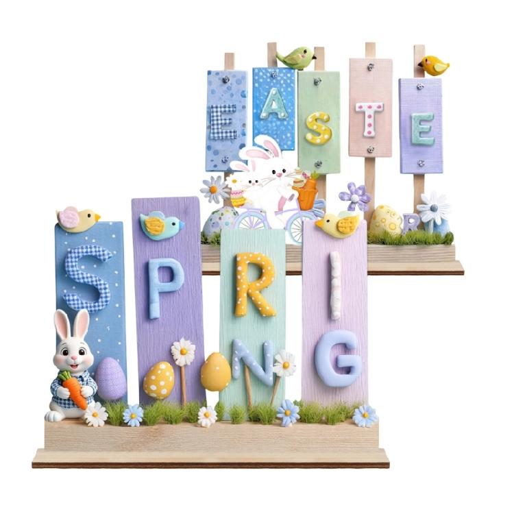 Easters Decors Wood Happy Easters Signs Block Tabletop Ornament Easters Bunnies Centerpieces Dining Room Kitchen Decors