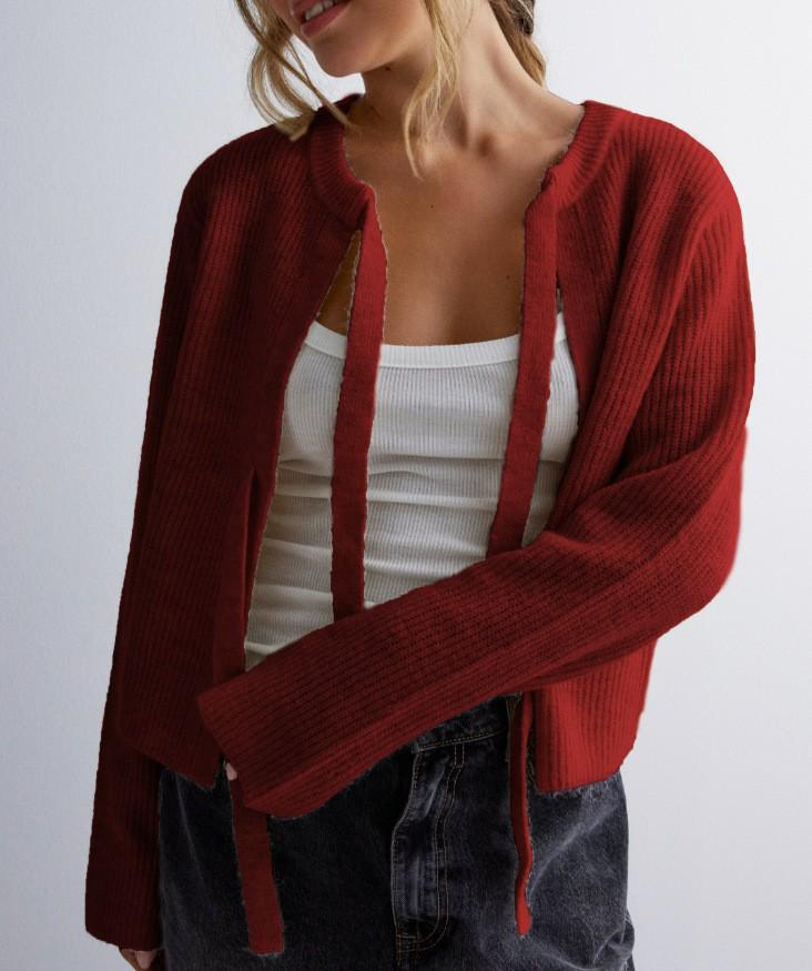 2026 Autumn/Winter Women's Solid Color Loose Knit Cardigan with Tie-up - European and American Style