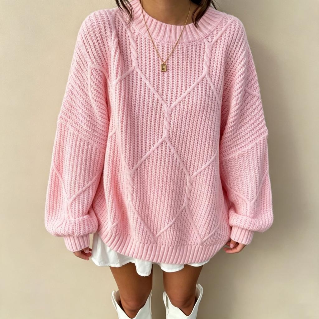 Women's Pullover Sweater, Cable Knit, Loose Fit, Round Neck, Color
