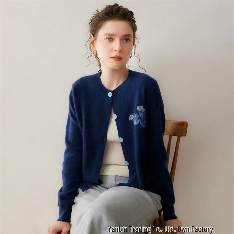 Autumn Winter Women's Cashmere Embroidered Round Neck Knit Cardigan