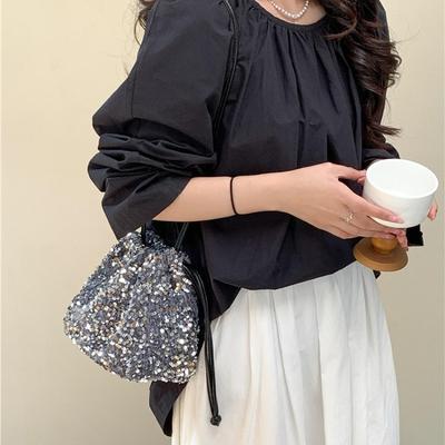 Portable Bucket Bag, Women's Premium Pull Rope Pleated Shoulder Messenger Bag, Women's Fashion Color Sequin Bag