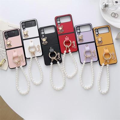 Capa de celular fofa com anel de dedo e corrente de pérolas para Samsung Galaxy Z Flip 4 3 Capa com enfeites de urso de desenho animado para Z Flip3 Flip4 5G