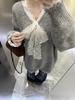 Gray Lace Patchwork Bow Sweater - Women's Casual Loose Fit Autumn Knitwear