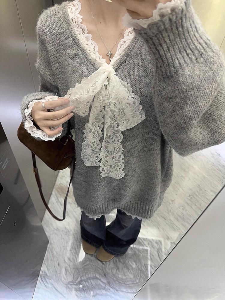 Gray Lace Patchwork Bow Sweater - Women's Casual Loose Fit Autumn Knitwear