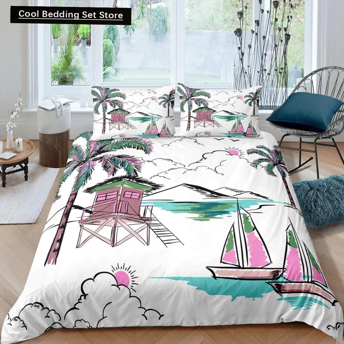 

Coconut Palm Tree King Queen Duvet Cover Nautical Bedding Set Watercolor Sailboat Hawaii Quilt Cover Polyester Comforter Cover 70x133cm 2pcs