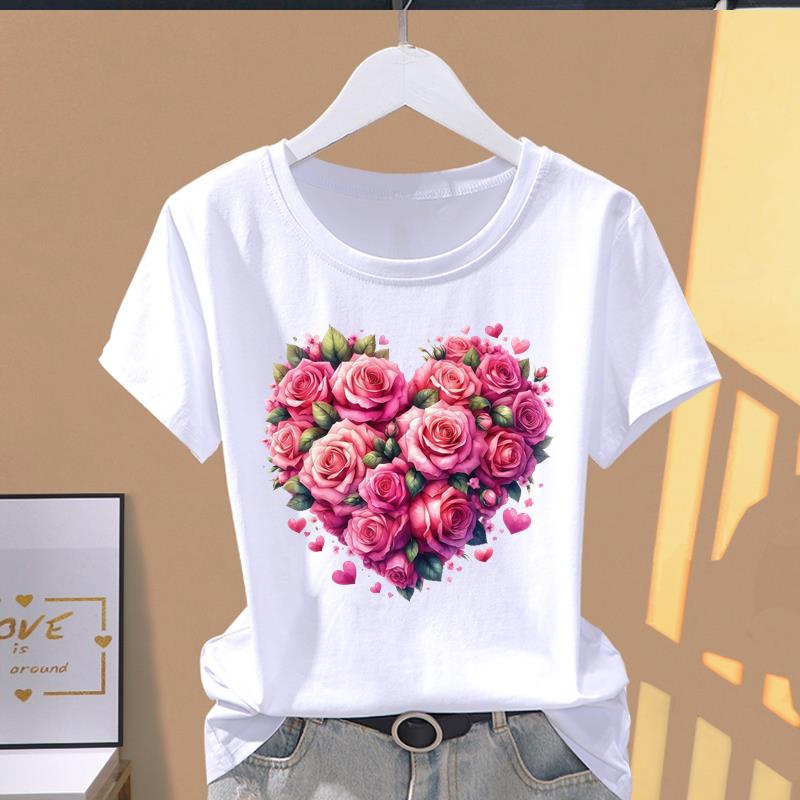 (Asian Size) lovely plant trend Graphic Female Top Women's Clothing T O-neck Tee Fashion Print Casual Short Sleeve T-shirts