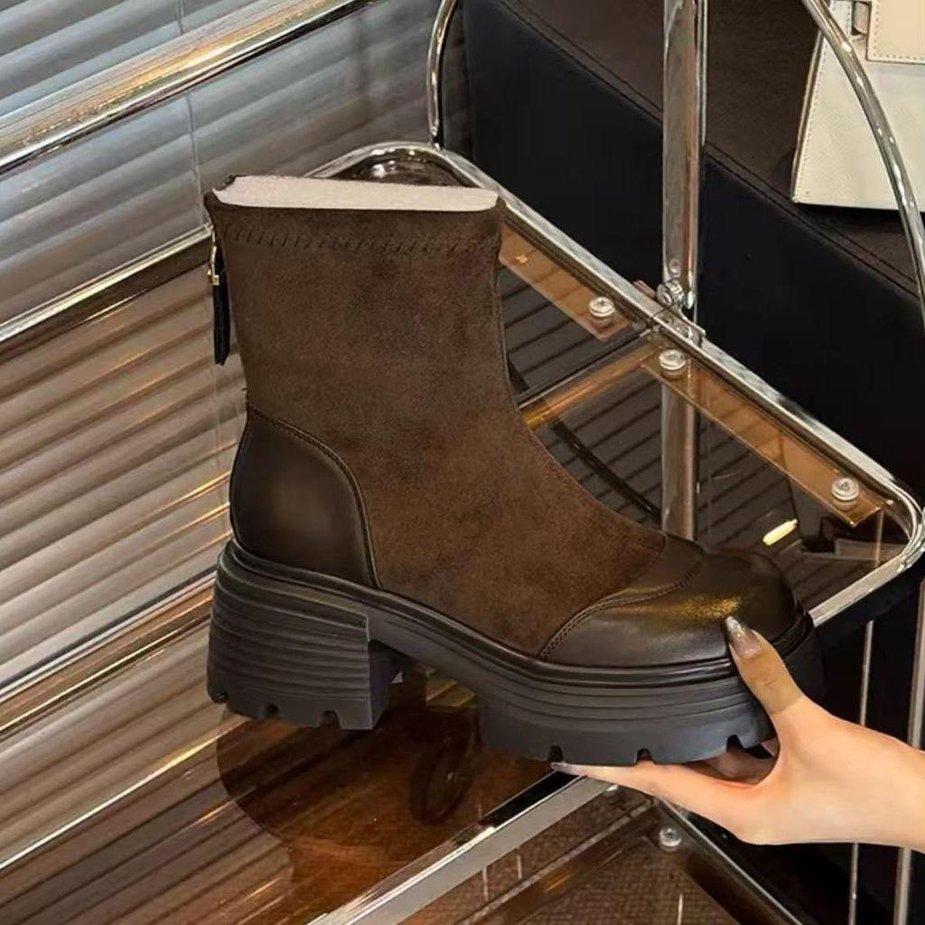 2025 Autumn/Winter Retro Women's Martin Boots with British Style, Chunky Heel Ankle Boots, Back Zipper, Height-Enhancing for Petite and Men