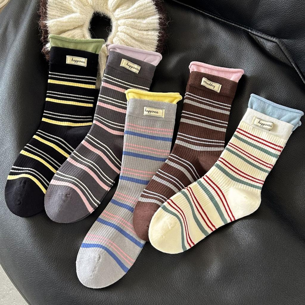 Women's New Fall Curled Striped College Windpipe Stack Socks