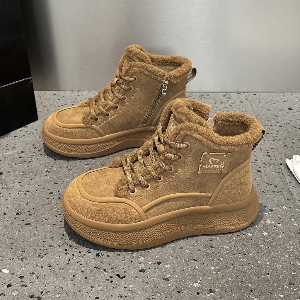 Leather retro fluffy high-top shoes women's new winter velvet women's shoes platform sports casual board shoes