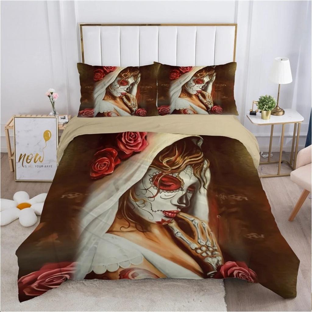 Sugar Skull Duvet Cover Gothic Skull Skeleton Bedding Set Horror Theme Comforter Cover Full King For Teens Adults Bedroom Decor