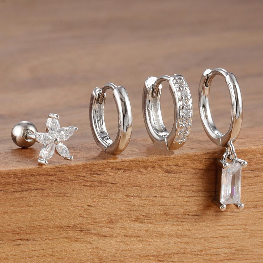 4PCS Exquisite Stainless Steel Flower Square Earrings Set for Women Gold Plated Huggie Dangle Earring Piercing Jewelry aretes