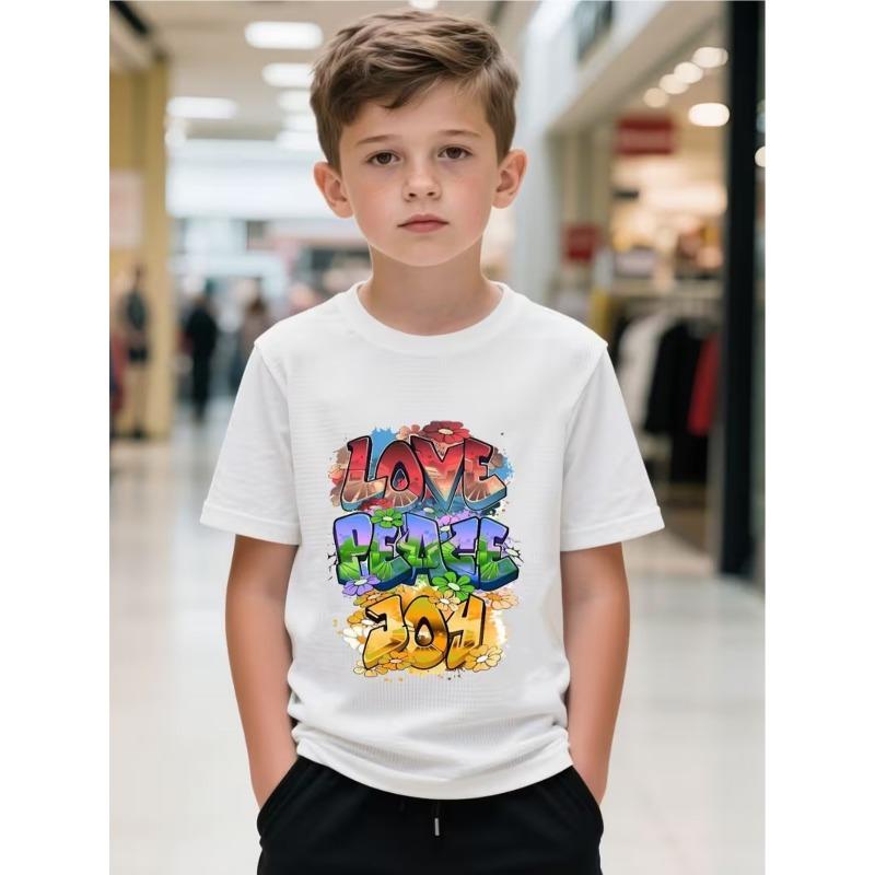Boys Peace Sign Print Crewneck Summer Short Sleeve Tee 110 белый