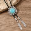 Men Women Western Cowboy Bolo Tie Vintage Turquoises Pendant Jewelry Leather Rope Necktie Tie Metal Feather Necklace