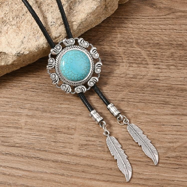 Men Women Western Cowboy Bolo Tie Vintage Turquoises Pendant Jewelry Leather Rope Necktie Tie Metal Feather Necklace