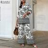 ZANZEA Damen Langarmbluse und Hose Lässiger Print Zweiteilige Anzugsets