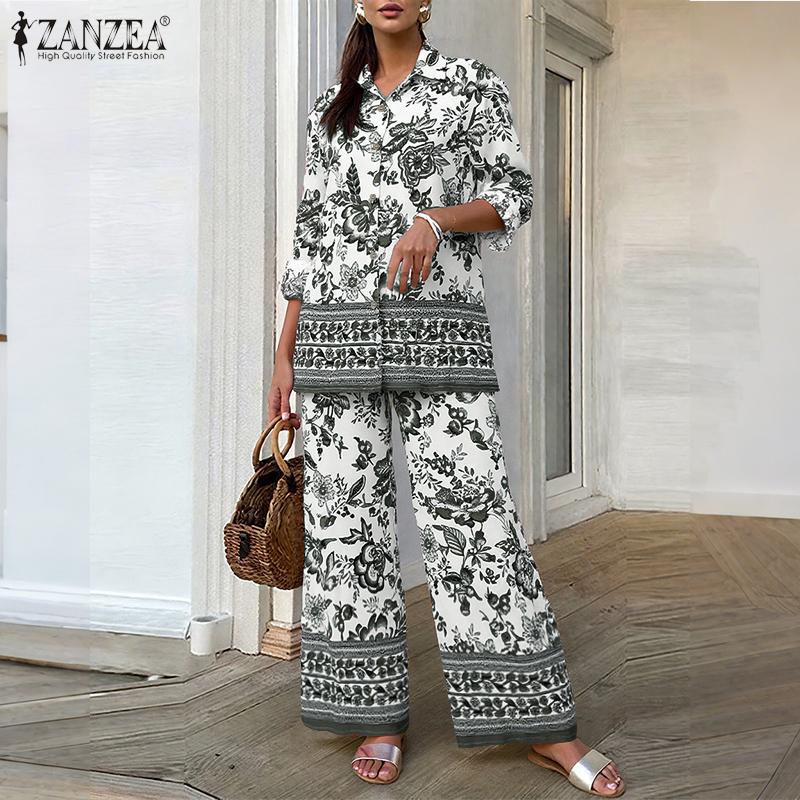 ZANZEA Damen Langarmbluse und Hose Lässiger Print Zweiteilige Anzugsets