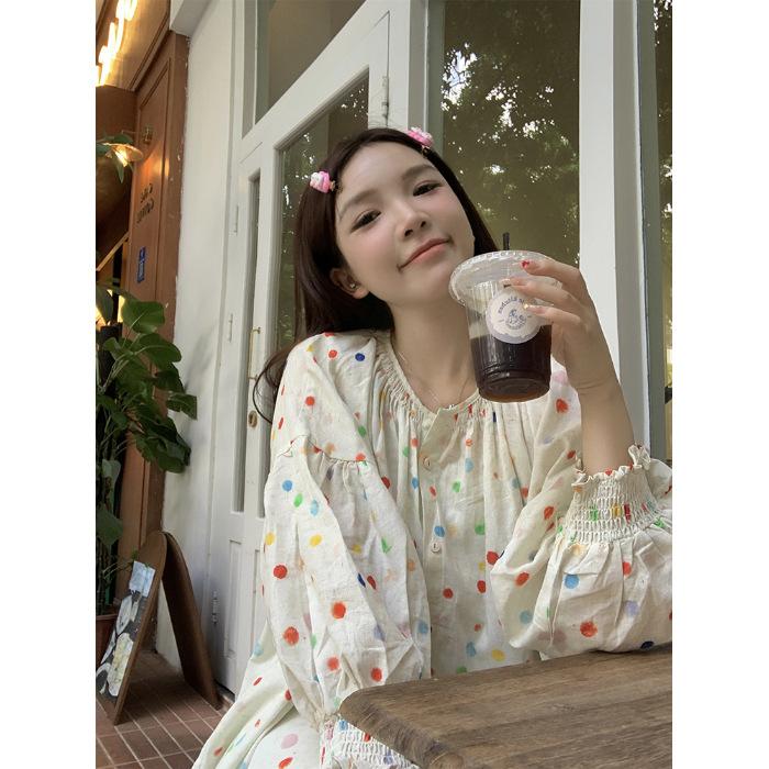 

Early autumn color polka dot single-breasted shirt women s new sweet wind loose age-reducing design long-sleeved top 2XL