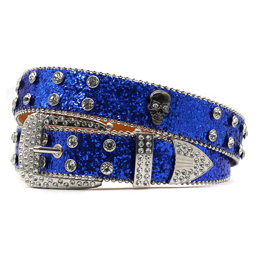 PU Leather Wide Belt Western Crystal Rhinestone Inlaid Skeleton Accessories Zinc Alloy Button Hip Hop Punk Trendy Women's 3.5cm