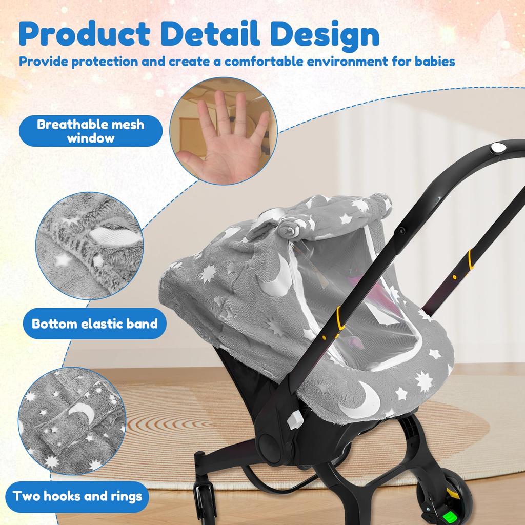 Universal Baby Car Seat Cover Soft Flannel Baby Basket Cover with Breathable Mesh Window Baby Stroller Cover for Newborn Infant