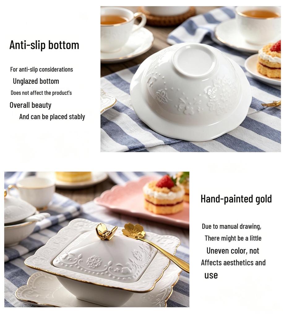 European Gold Rim Ceramic Bird's Nest Dessert Bowl with Lid | Embossed Palace Tureen Set for Sweet Soup
