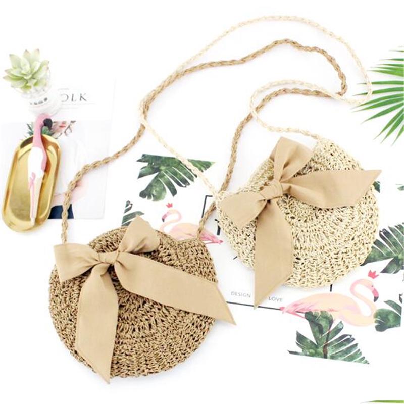 Sommer Stroh Strandtasche Schleife Damen Umhängetaschen Runde Taschen mit Schleife