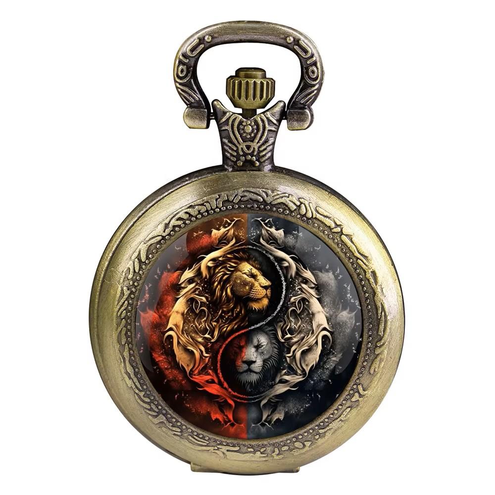 Vintage Retro Løve Leo Zodiak Astrologi Kinesisk Yinyang Kvarts Unisex Menn Kvinner Lommeur Kvarts Halskjede Anheng Klokke Kjede Klassisk Skive