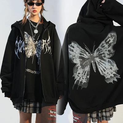 Y2k Estetik Kadın Hip Hop Kapüşonlular Kelebek Baskılı Zip-up Ceket Kadın Goth Harajuku Grunge Punk Sokak Ceket