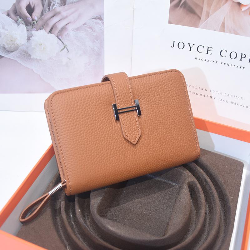 Portefeuille court pour femme en cuir de vachette véritable de haute qualité, double pli avec fermeture éclair, première couche de cuir de vachette, sac à main motif litchi fait main
