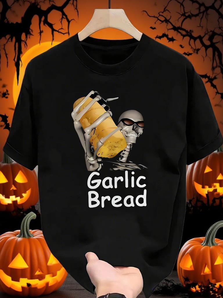 Men'S for Halloween Fun T-Shirt Featuring a Skeleton Garlic Bread Print. This Casual Short-Sleeve Top Showcases a Playfu
