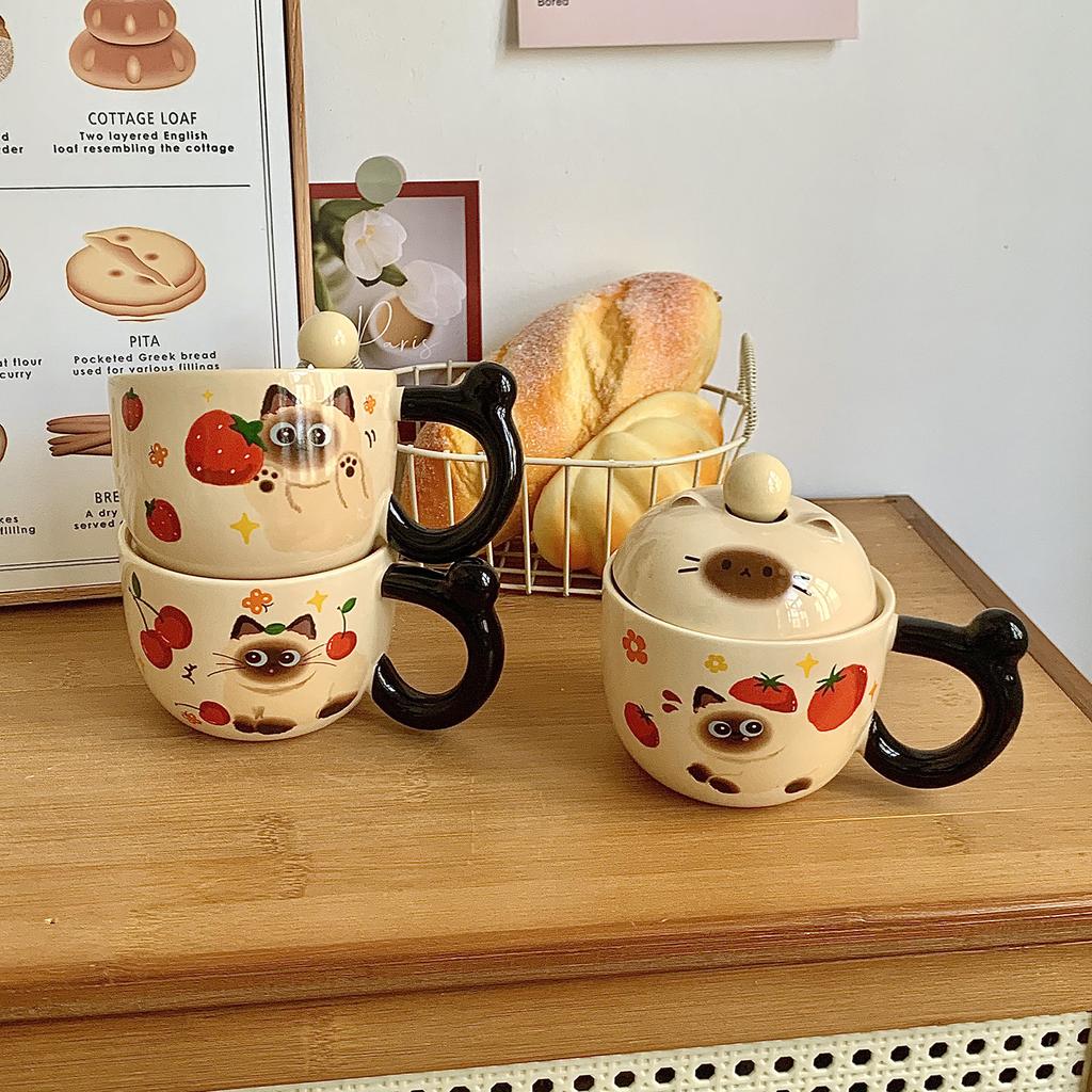 Siamese Cat Mug with Lid Spoon Cute Ceramic Cup for Women Home Office Coffee Breakfast Cup Birthday Gift