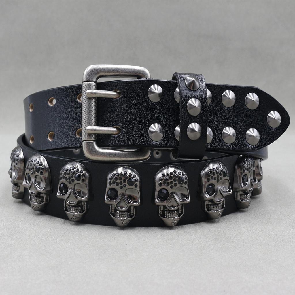 New Pure Cowhide Personalized Rivet Belt Skull Spike Decoration Trendy Denim Pin Buckle Punk Belt