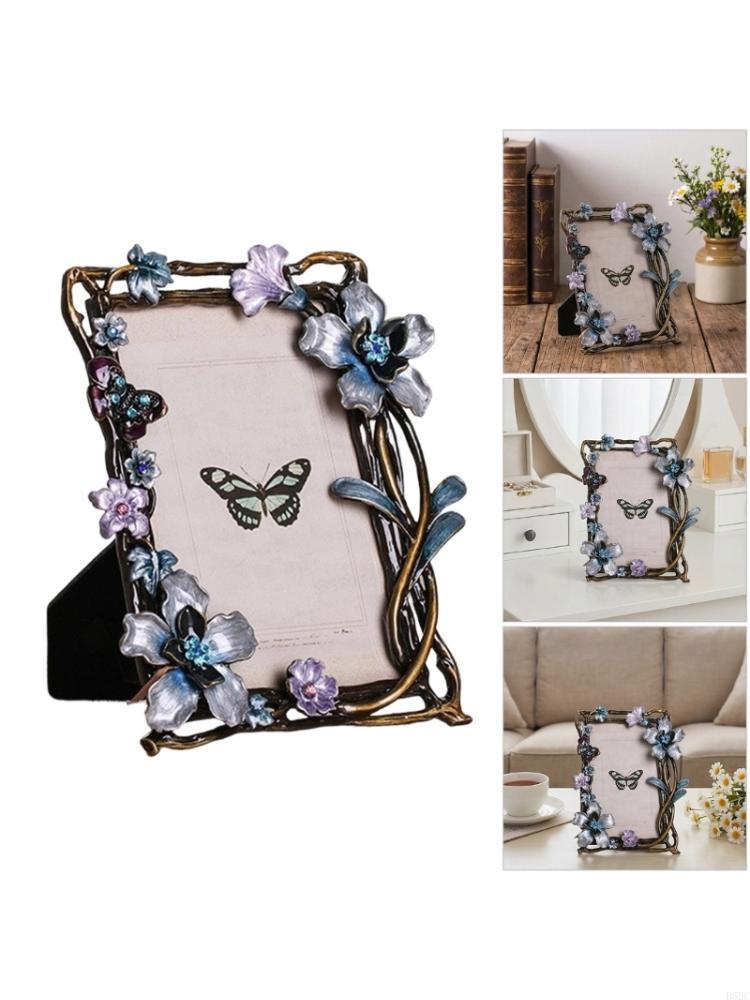 Antique Enamel Floral Bird Photo Frame With Rhinestones Accent Tabletop Decors