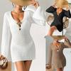 Sommer Häkel-Strick-Überwurfkleid Tiefer V-Ausschnitt Glockenärmel Bodycon Strand-Minikleid