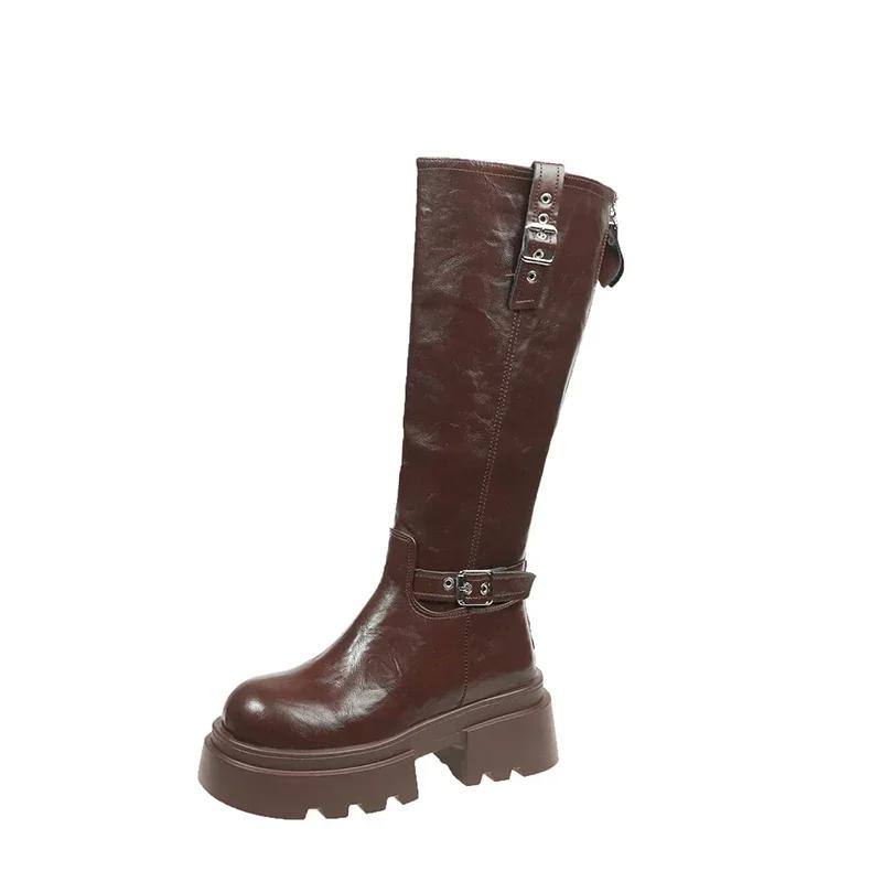 Motorcycle Boots Retro Belt Buckle Round Head High Waterproof Platform Zipper Long Womens Fashion Boots Brown Black Botas Mujer