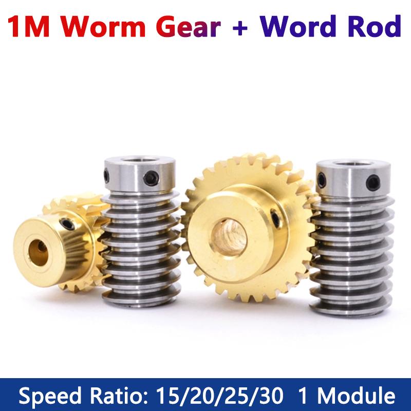1 Set 1M Turbine Worm Gear with Worm Rod 1 Module 15 20 25 30 Teeth Brass Gear 45# Steel Worm Rod Drive Ratio 1:15/20/25/30