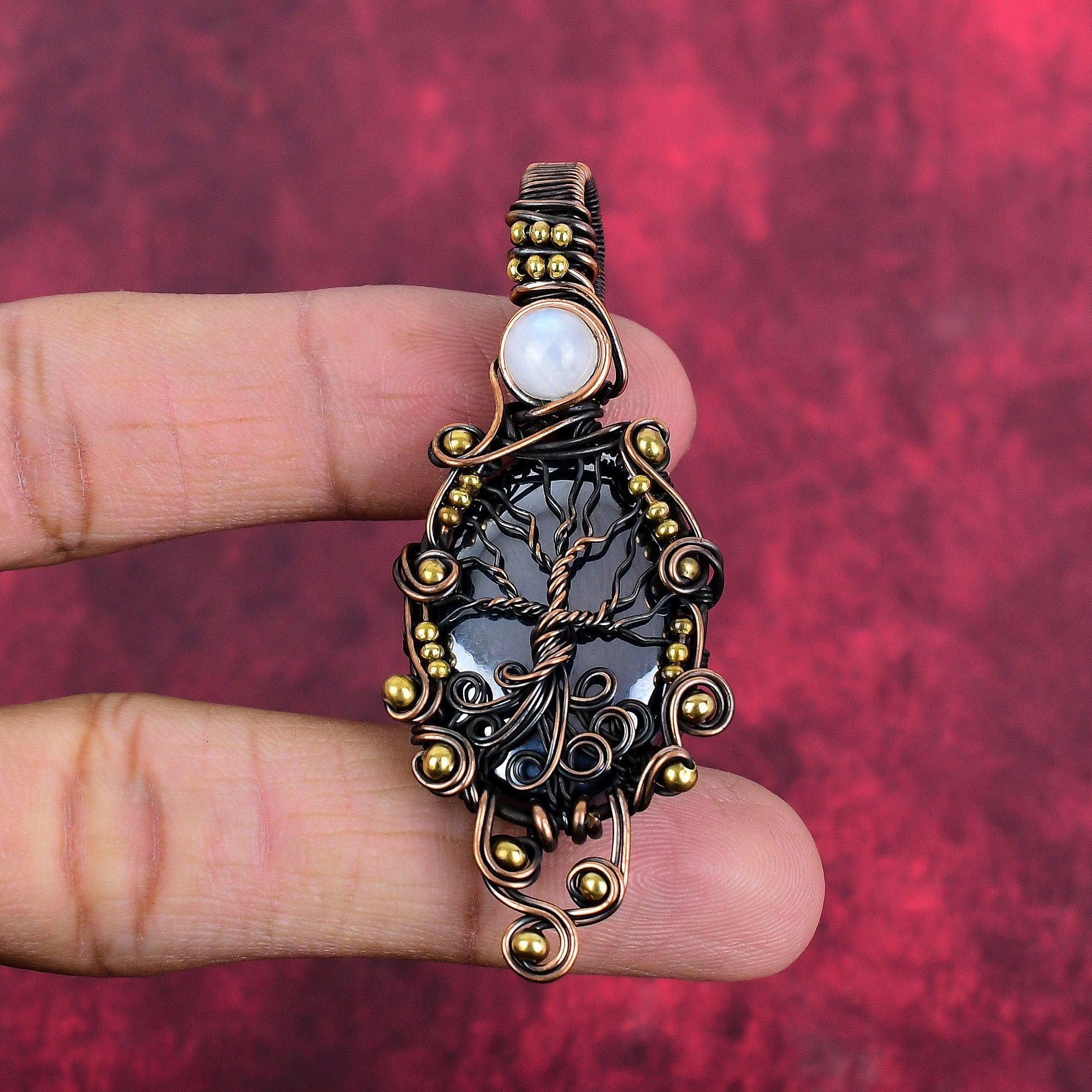 Tree of life shungite pendant copper wire wrapped jewelry rainbow moonstone pendant handmade gemstone pendant gifts for mom copper pendant