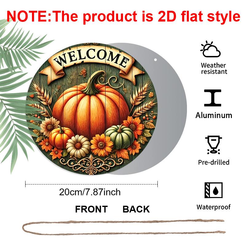 2D Flat, 1pc Aluminum Pumpkin Wreath Welcome Sign And Hanging Decor, Autumn And Thanksgiving Hanging Decoration, Suitable for Fall Harvest Greeting