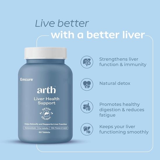 Arth Liver Health Support | Silymarin or Milk Thistle (300mg), CoQ10| Natual Liver Detox & Digestion Support - 60 Veg Liver Detox Tablets