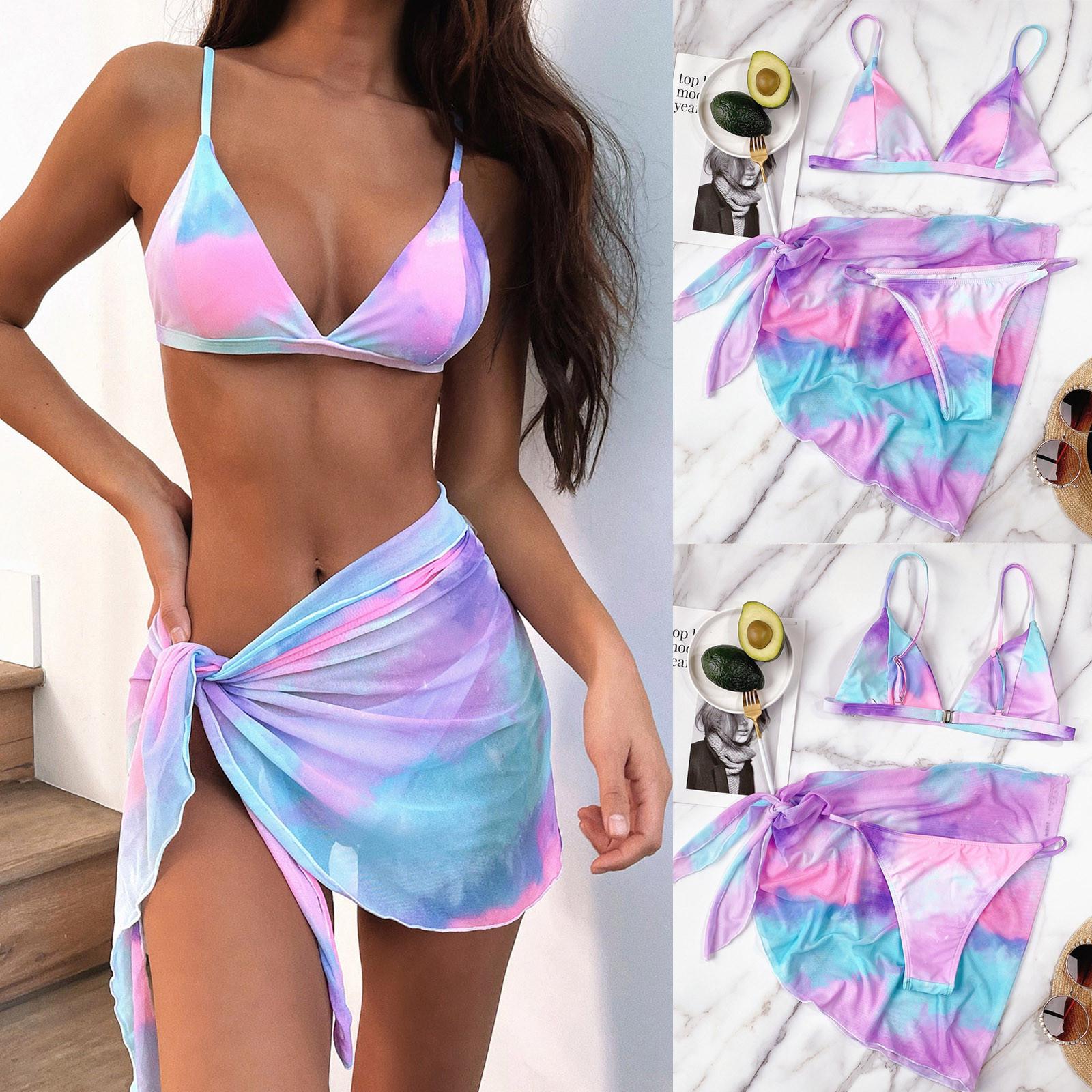 

Ladies Fashion Swimwear Beach Bikini Sexy Printed Split Swimsuit 3-piece Set M фиолетовый