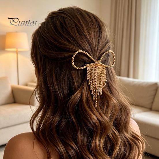 Hollow Bow Hair Clip Clip, Short Chain Tassel Hairpin, Metal Elastic for Medium Bowknot Ponytail Holder Accessories Women Girls Gold Plated