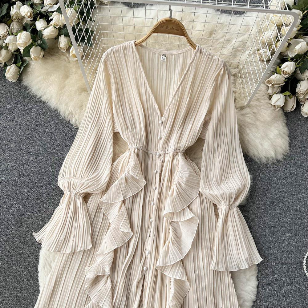 YYFS Women's Fashion Spring Fall Solid Color Print Long Sleeve V-Neck High Waist Casual Dresses