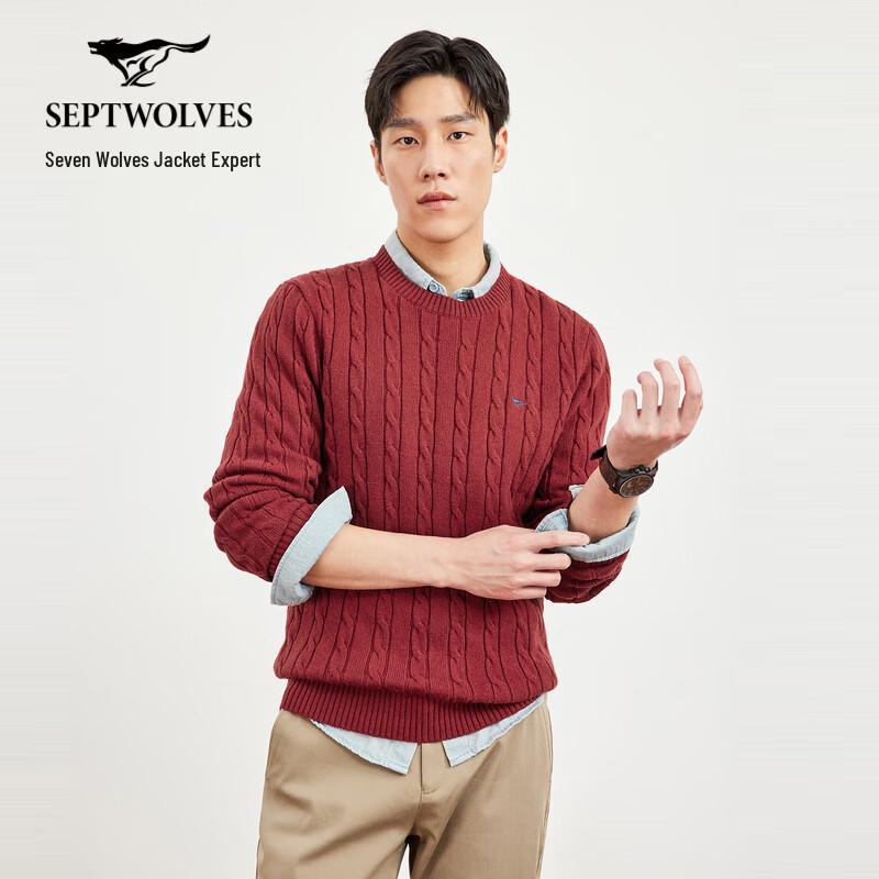 SEPTWOLVES Men's Round Neck Cable Knit Thick Wool Sweater