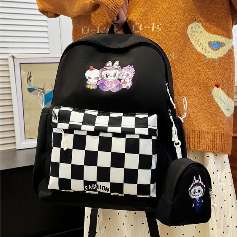 Labubu School Bag Plaid Backpack Student Bag Backpack Cute Primary School Students Large Capacity