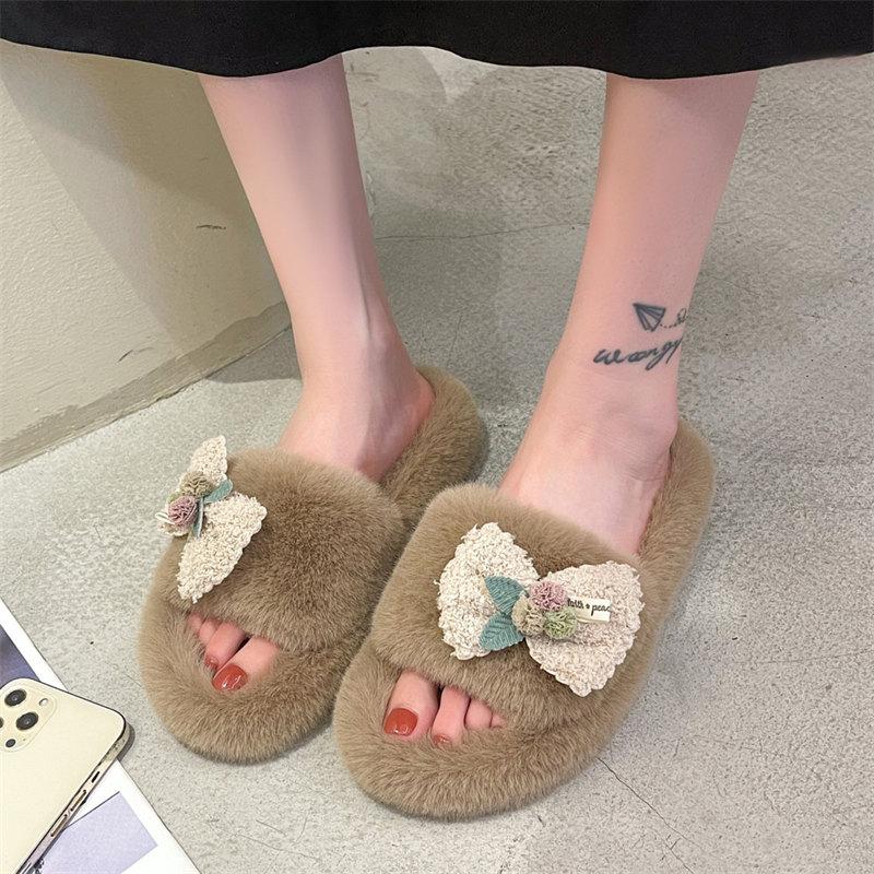 Fashion New Winter Girl Cute Bow Knot Thick Sole Cotton Slippers Women's Comfortable Home Indoor Slippers Thickened Plush Warm Slippers